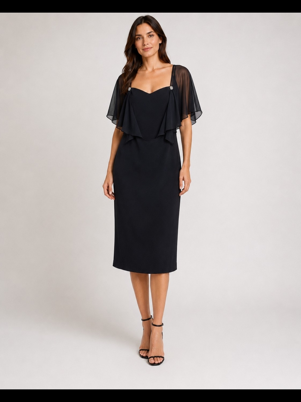 Womens Black Formal Midi Sheath Dress Chiffon Shawl Overlay Rhinestones Size 10
